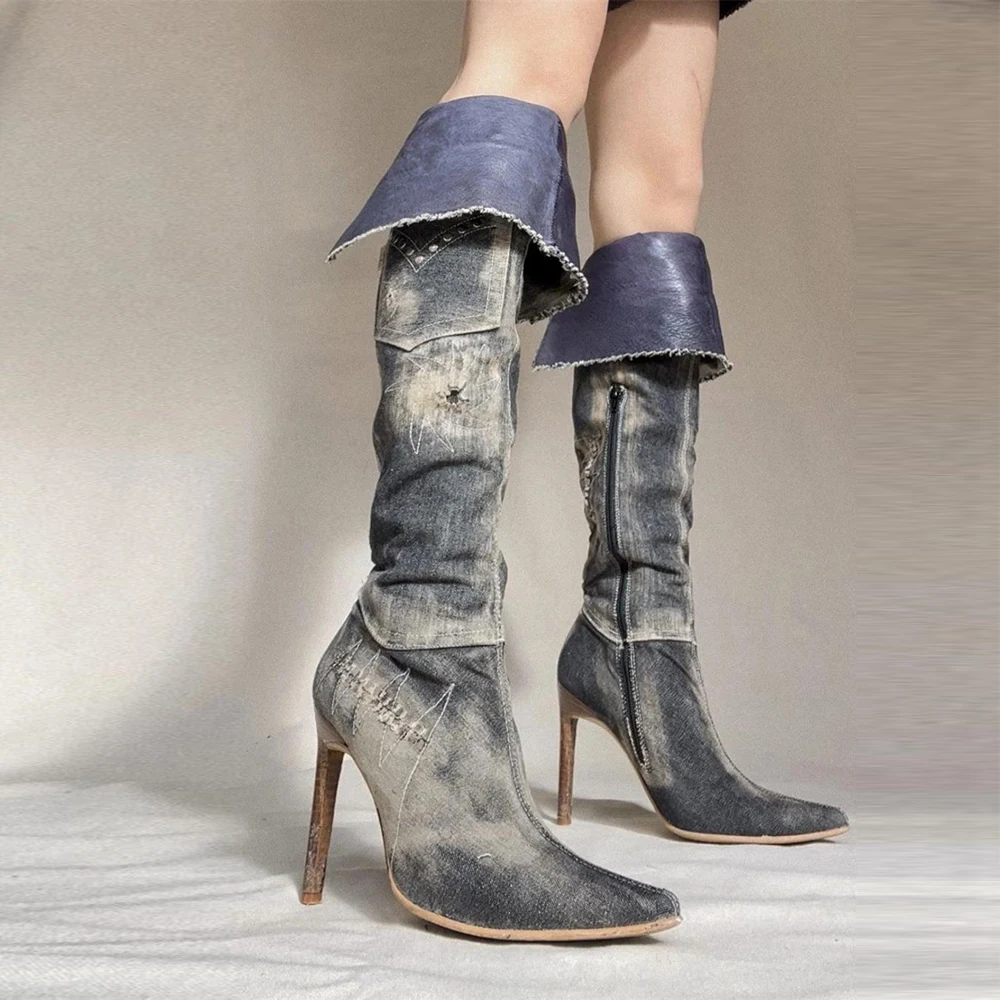 

Unique Design Thin Heel High Barrel Knight Boots Vintage Pointed Cowboy Over Knee Boot Fashion Women Boots Foldable for Two Wear
