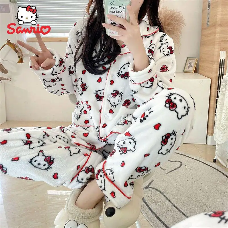 

Original Hello Kitty facecloth pajamas suit Kawaii Cartoon Sanrio Winter thickened kitty cat long-sleeved suit warm home wear