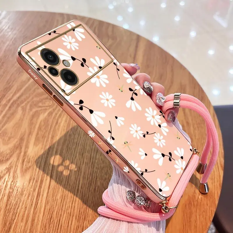 

Daisies Crossbody Lanyard Plating Phone Case For Xiaomi Poco M5 M4 Pro F4 X4 GT F4 GT X4 F3 X3 M3 X3 NFC X2 X3 Pro C40 Cover