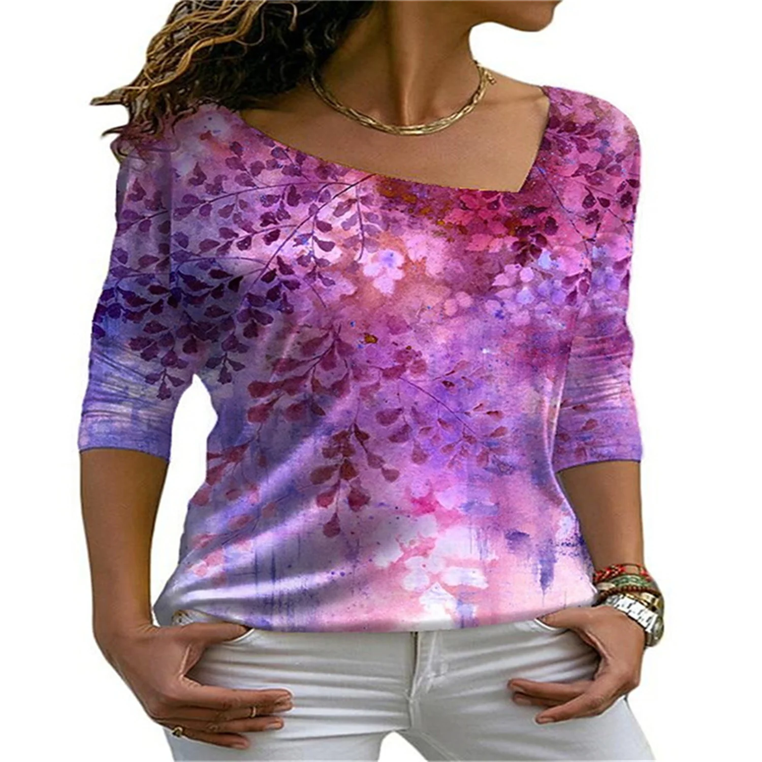 

Women's Fashion Personality V-neck Slim Clothes 3D Digital Printing Pattern Long-Sleeved Spring Autumn Bottoming T-shirt