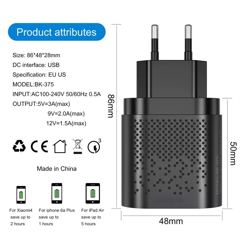 

EU/US Plug USB Charger 3A Quik Charge 3.0 Mobile Phone Charger 11 4 Port 48W Fast Wall Chargers