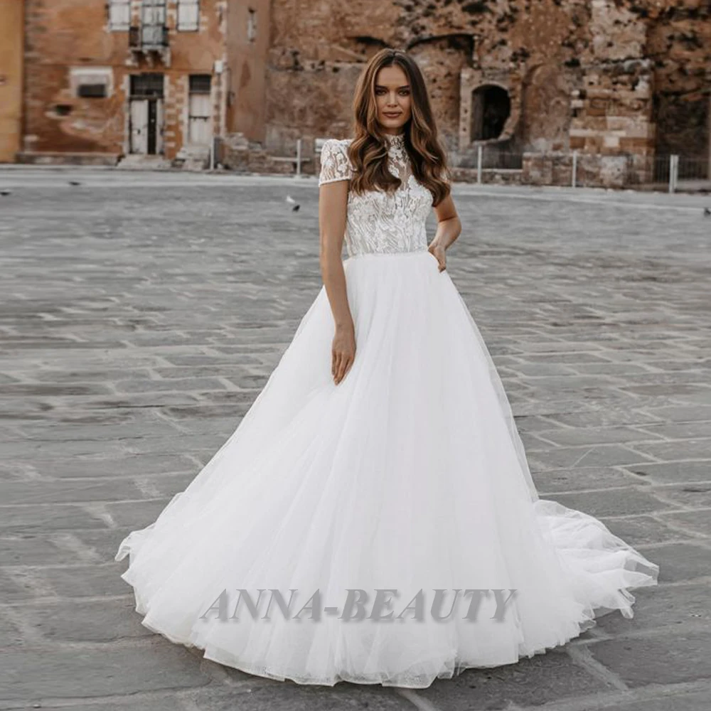 

Anna High Neck A Line Wedding Gown For Bride Illusion With Button Lace Appliques Cap Sleeves Sparkly Tulle Vestido De Novia