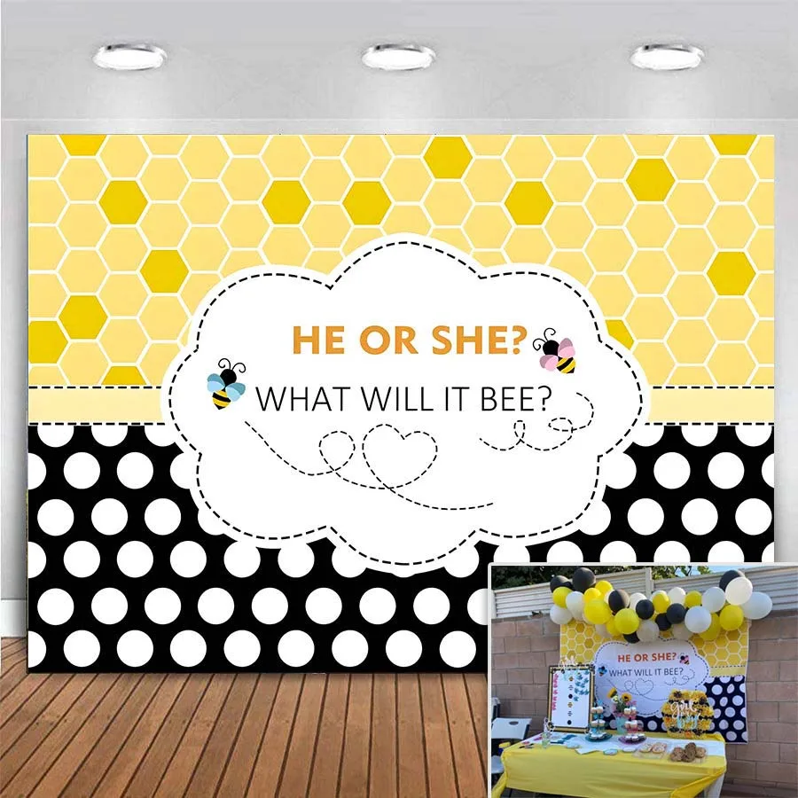 

Bee Theme Gender Reveal Party Photography Backdrop He or She What Will it Bee Background Honeycomb Dots Party Banner Photo booth