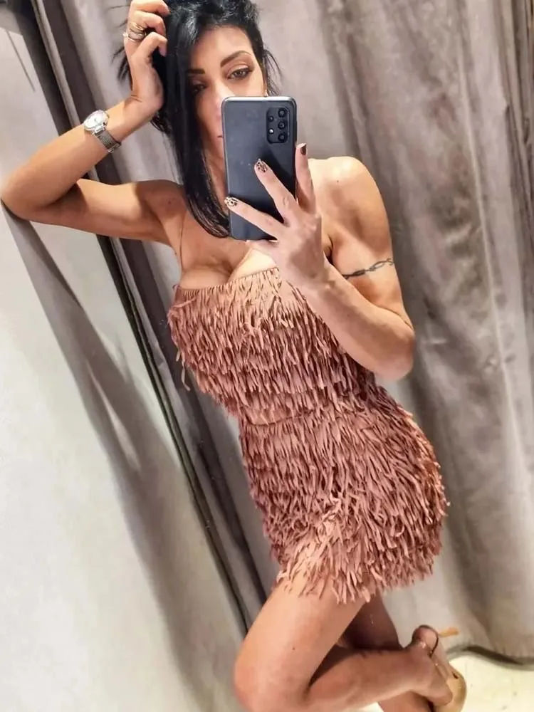

ZBZA Women Tassels Mini Skirts Sets 2023 New Fashion Tassels Women Suit Crop Top Casual Short Skirts Two Piece Set Womens Outfit