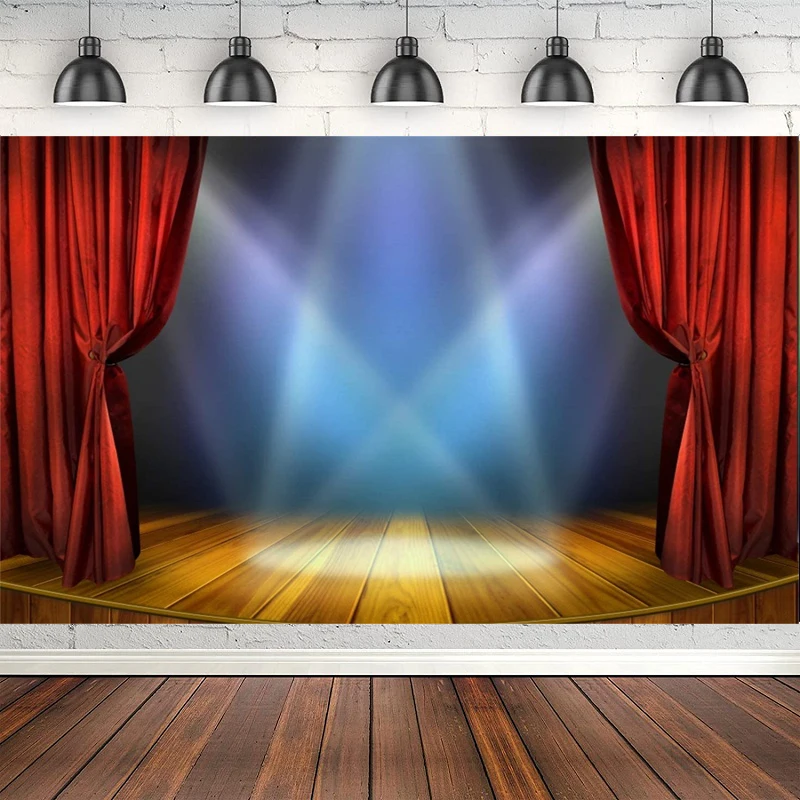 

Photography Backdrop Bright Interlaced Spotlights Red Curtain Rustic Round Wooden Stage Floor Background Award Ceremony Banner