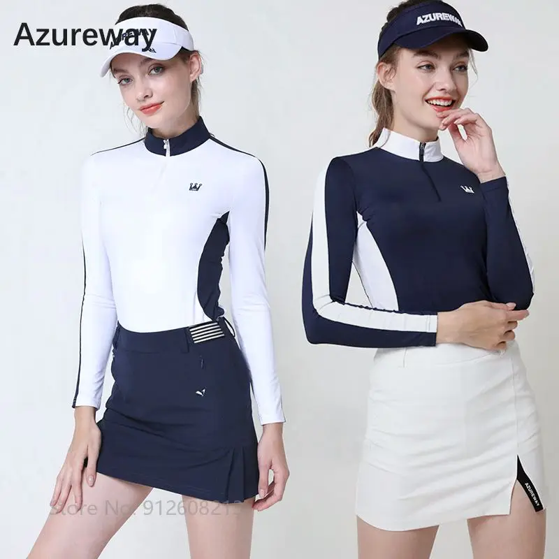 

Azureway Women Long-sleeved Golf Shirt Patchwork Zip Collar Tops Female Split A-line Golf Skirt Anti-exposure Pleated Skorts Set
