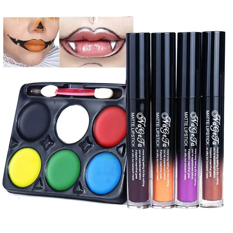 

Halloween Face Paint Set 6 Colors Facepaint Makeup Kit Halloween Long-lasting Face Paint With Nonstick Cup 4-Color Lip Gloss