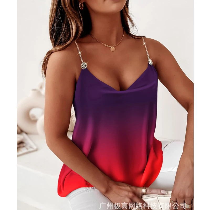 

Women's Camis Top Summer Fashion Solid Color Gradient Color Pullover Vest Women's Casual V-neck Backless Spaghetti Strap Top