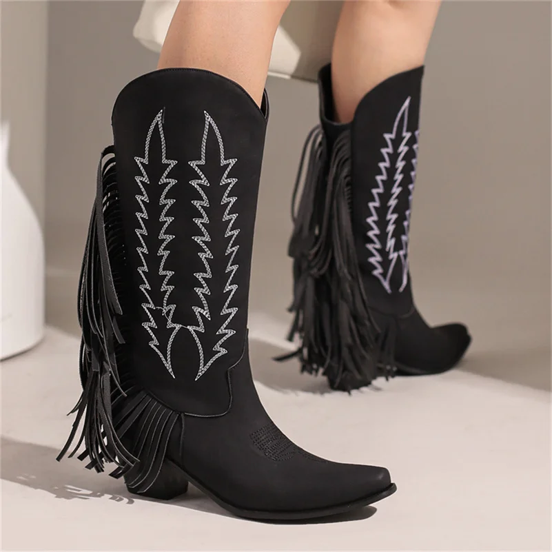 

Women Fringe Boots Designer Luxury High Heel Ethnic Style Embroidered Women Shoes Elegant Winter 40-46 Pointed Mid Calf Boots