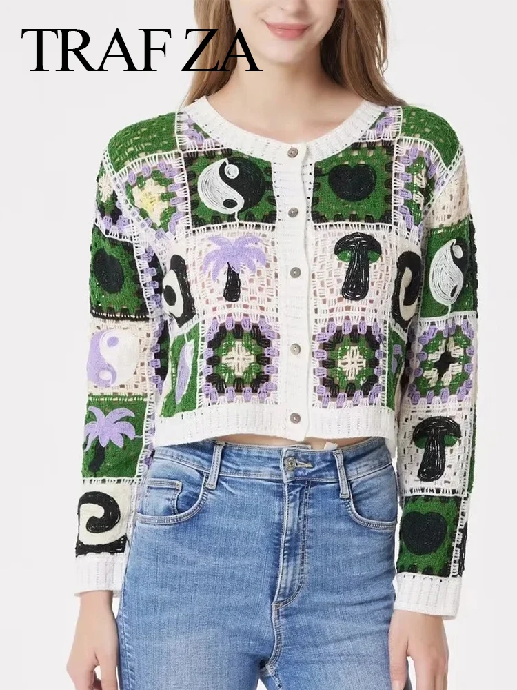 

TRAF ZA 2022 Fashion Elegant Chic Sweater Cardigan Round Neck Single Breasted Stitching Hollow Trend Top Coat Women Spring Wear