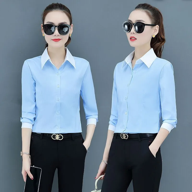 

Lapel Patchwork Fashion Women Shirts Summer Single Breasted Ladies Blouses Long Sleeve Preppy Style Casual Shirt Femme Tops