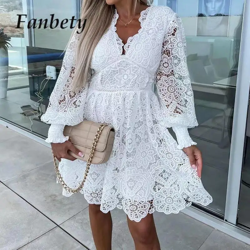 Casual V-Neck Wide Swing Dress Summer Retro Elegant Women Lace Dress Fashion Sexy Solid Color Mesh Splicing Slimming Party Dress