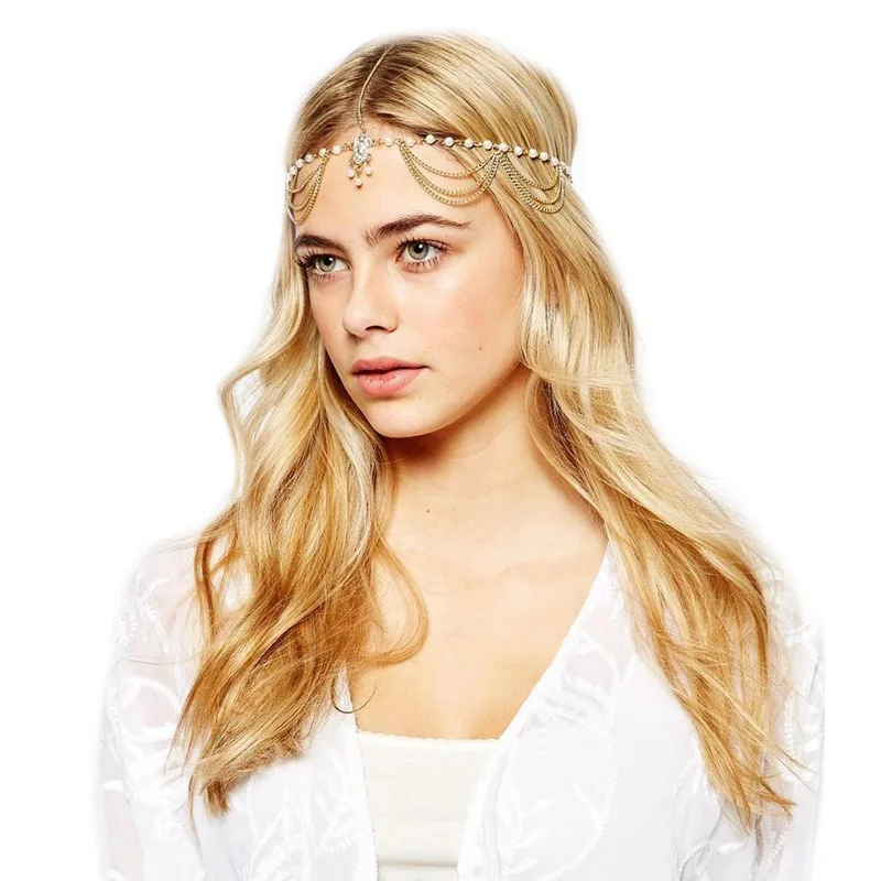 

Vintage Fashion Pearl Metal Tassel Head Chains for Women Trendy Elegant Charm Delicate Moroccan Beaded Custom Hairband Headwear