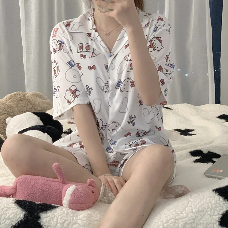 Пижама Kawaii Sanrioed из аниме Hello Kitty 2 предмета шорты с коротким рукавом можно носить