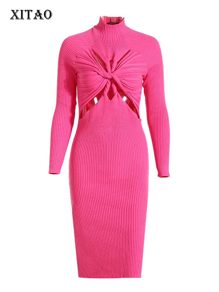 

XITAO Hollow Out Knitting Dress Sexy Hottie Kink Decoration Solid Color Half High Collar Long Sleeve Women New Dress WLD13445