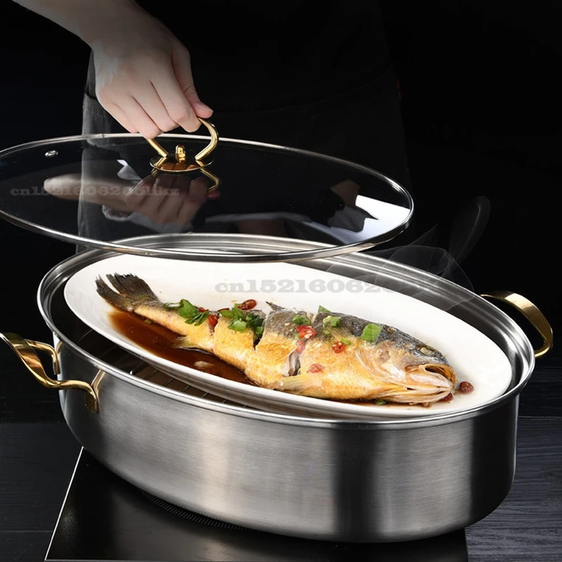 

304 Stainless Steel Fish Steamer Elliptical Steamed Fish Pot Multi-Use Oval Roasting Cookware & Hotpot with Rack 38.7cm