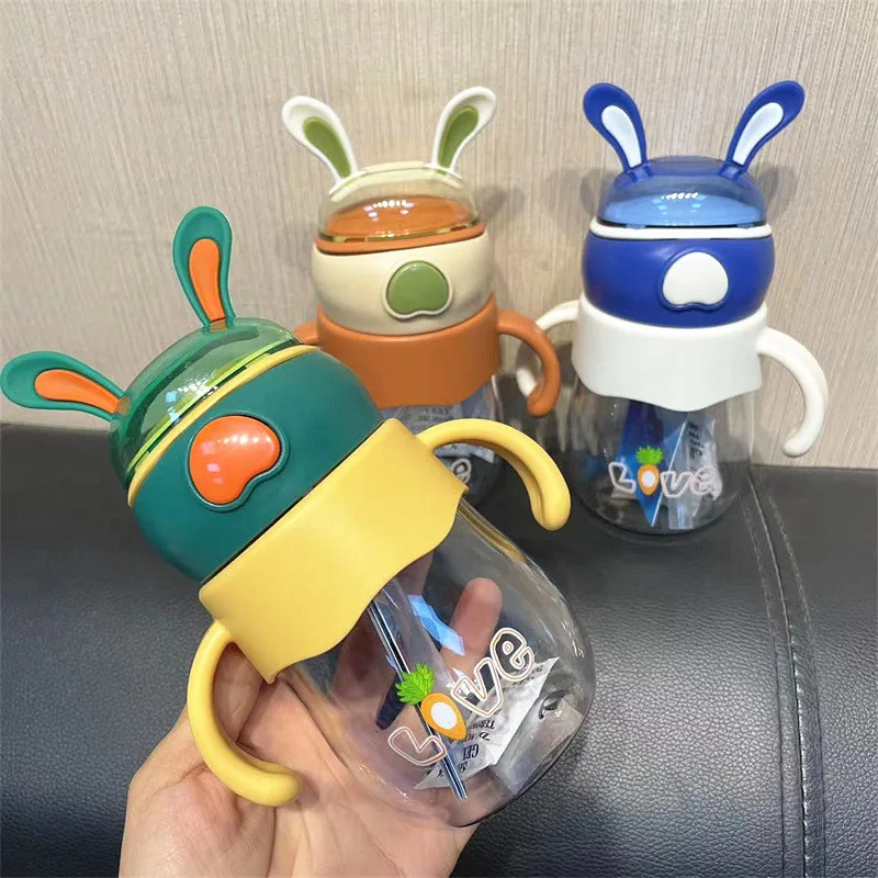 

350ml Children's Cartoon Straw Cup Baby Drinking Water with Handle Baby Bottle Silicone Soft-eared Rabbit Learning Cup