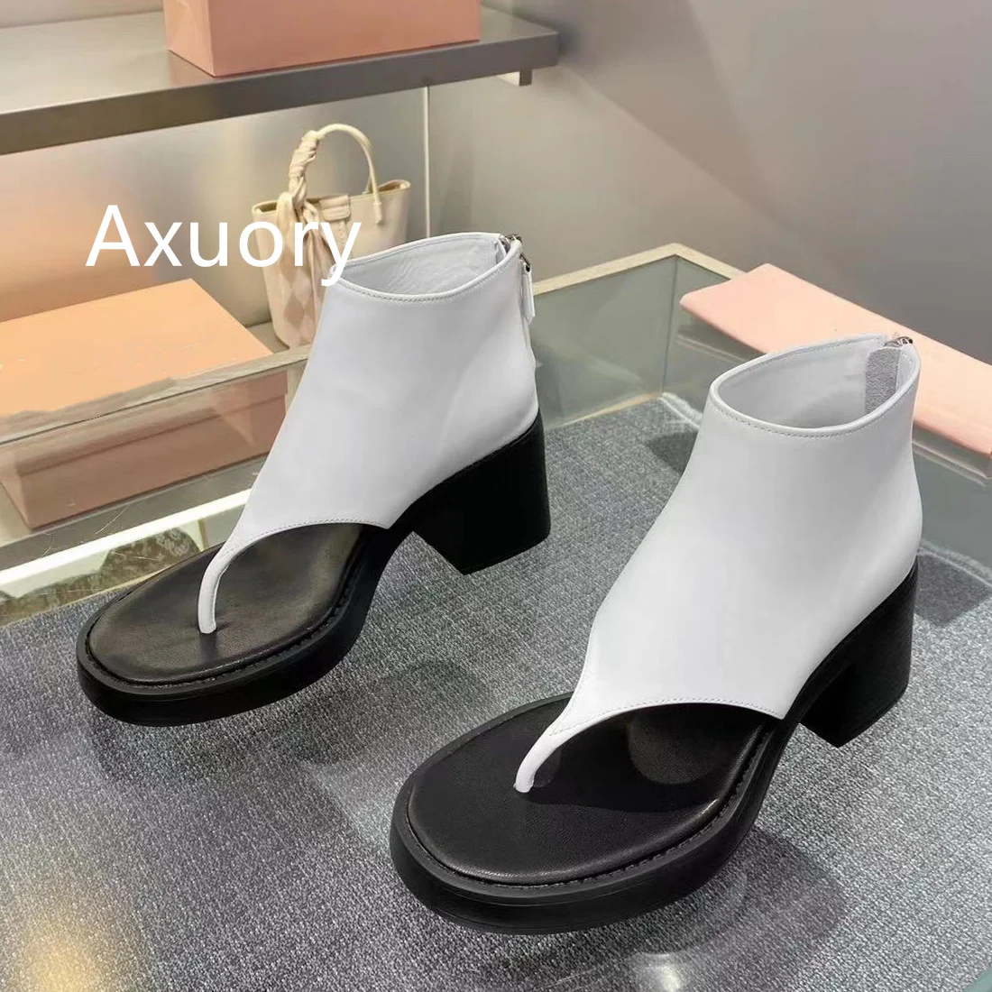 2023 New Women's Flip-flops Genuine Leather Fashion Style High heel 7cm Dress Shoe New Sandals Chunky Block Heel Ankle