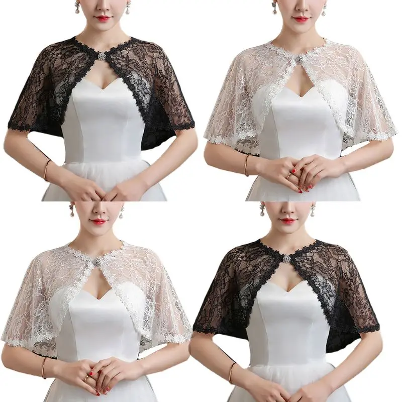 

Womens Bridal Wedding Floral Lace Wrap Shawl Perspective Embroidery Prom Shrug for rhinestone Buckle Open Front Cape 264E