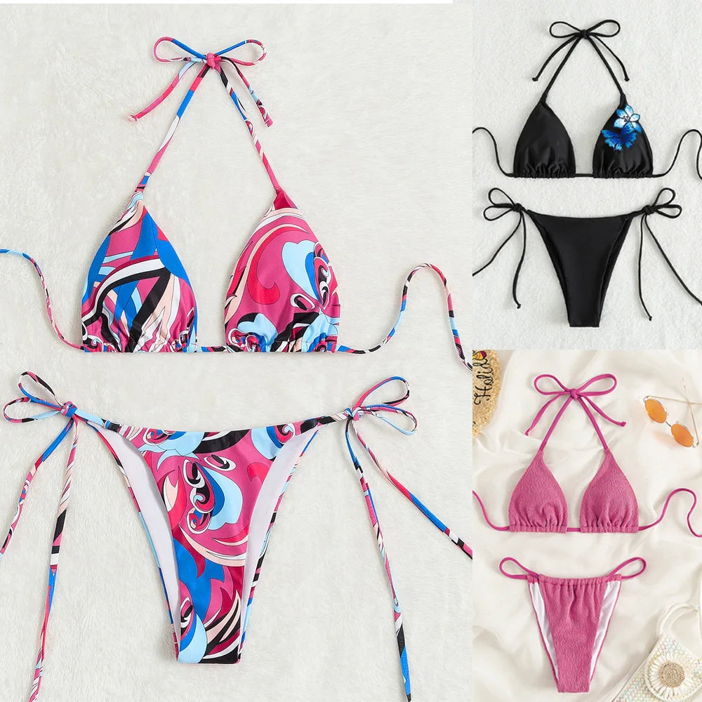 

2022 New Print Lace Neckline Colorful Thong Bikini Triangle Sexy Beach Swimsuit 2 Piece Set Bathing Bandeau Suit Women