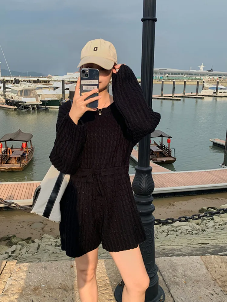 Fall Winter Korean Designer Knitted Jumpsuit For Women Casual Long Sleeve Lace Up Short Rompers Woman Leak Back Loose Playsuits