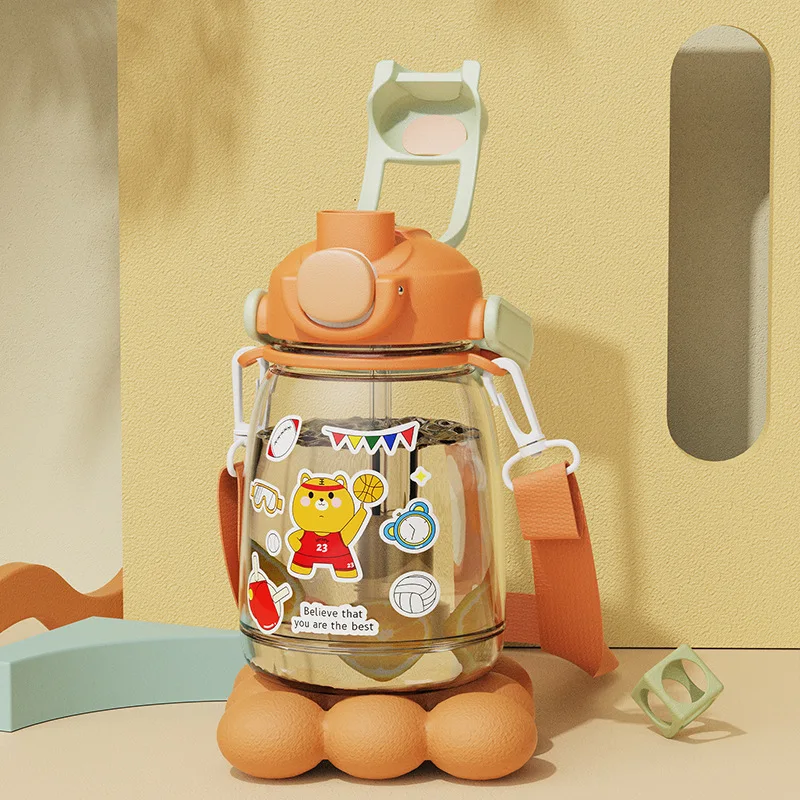 

1100/1300Ml Sports Water Bottle Plastic Large Capacity Cartoon Student Children's Multi-Function Dual Purpose with Straw Cup