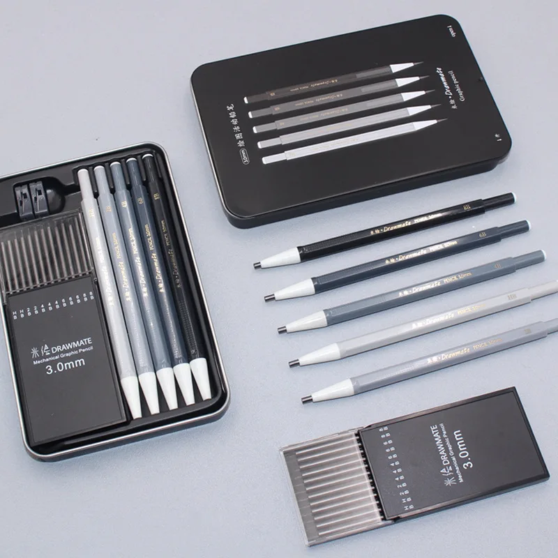 Tanie 5 Sztuk/pudło HB Ołówek Automatyczny Zestaw Do Szkicowania Komiks Węgiel 3.0mm Zestaw Ołówków Student Dostaw Sztuki Nadaje Się Dla Początkujących