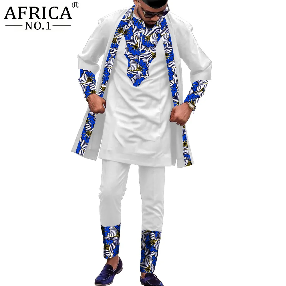 

African Men Clothing for Party Wedding Agbada Robe Dashiki Printed Coats Ankara Pants and Hat 3 Piece Set Tribal Suit v2116051