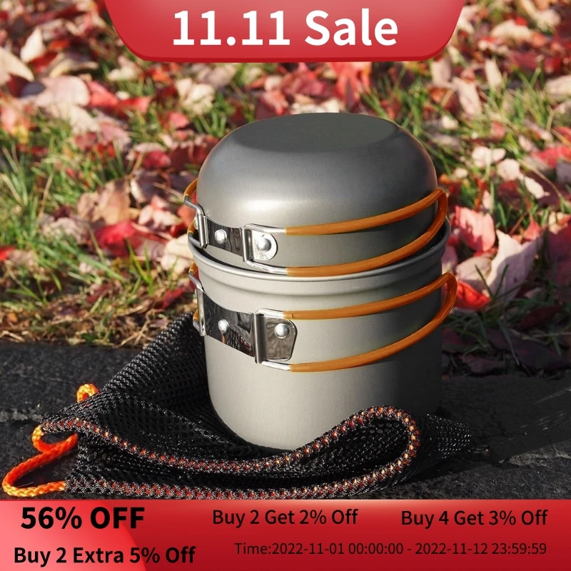 

DS-101 Outdoor Camping Cookware Set Portable Tableware Cooking Travel Cutlery Utensils Pot Pan Hiking Picnic Tools Orange Handle