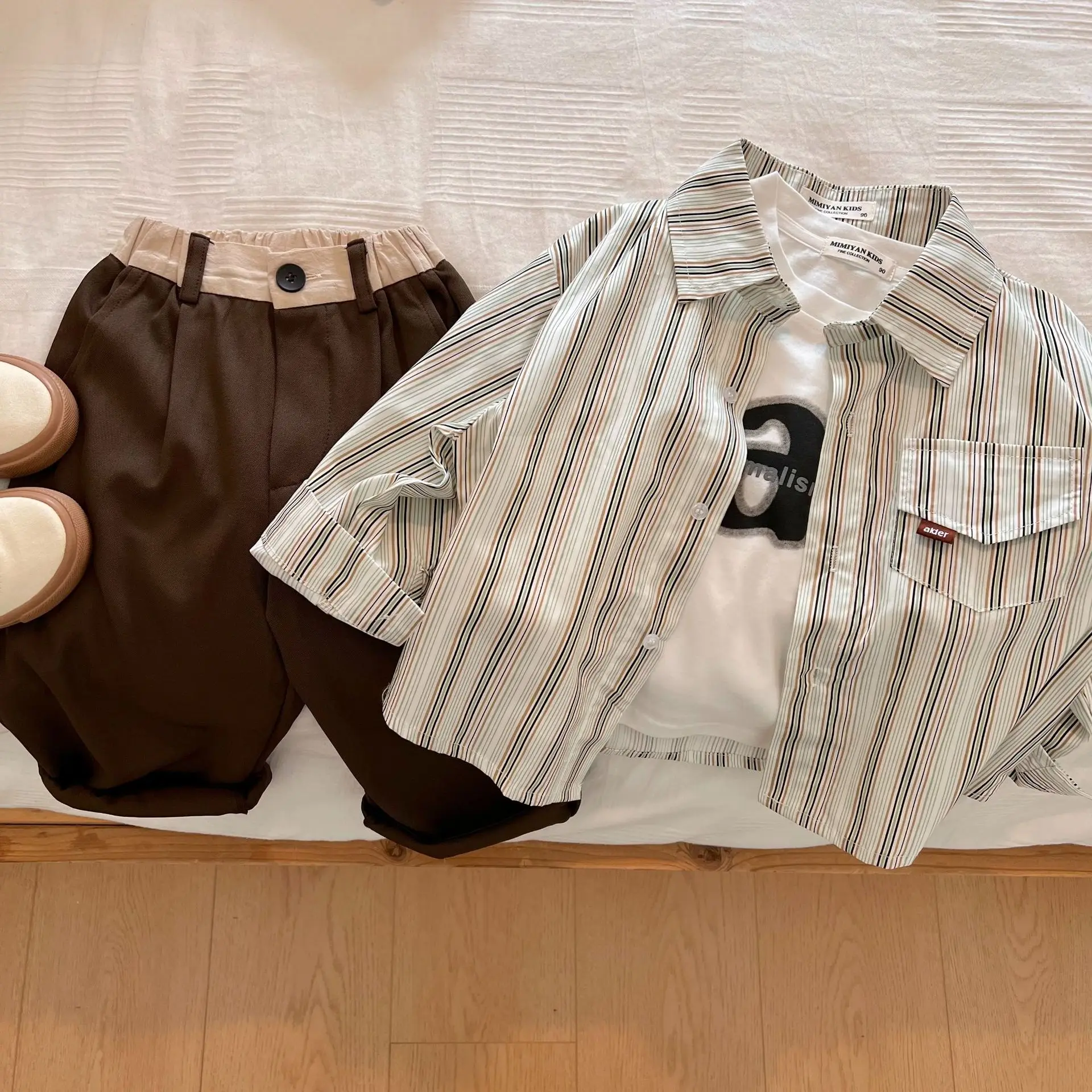 

Children's Clothes 2022 Autumn New Boys Girls Striped Shirt Baby Pocket Long Sleeve Top