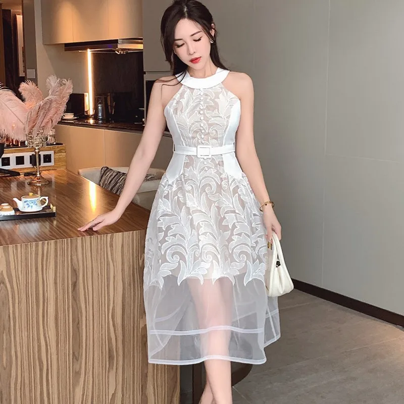 

2022 Summer Fashion Temperament Women Runway Dress Sleeveless Organza Embroidery Flowers Party Dress