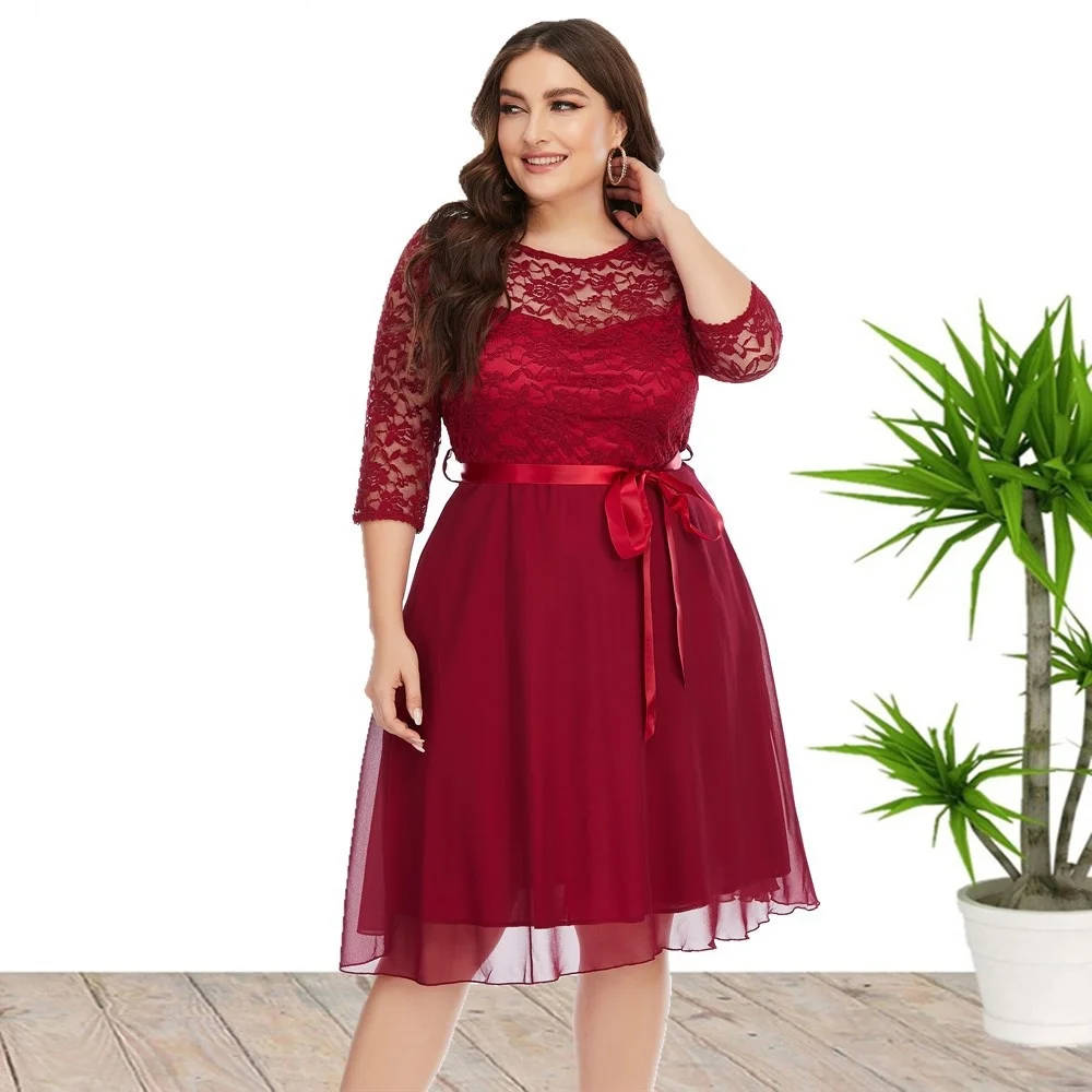 Plus Size Women's Dress 2023 Large Women's Summer New Lace Chiffon Patchwork Dresses Elegant Loose Party Female Clothes