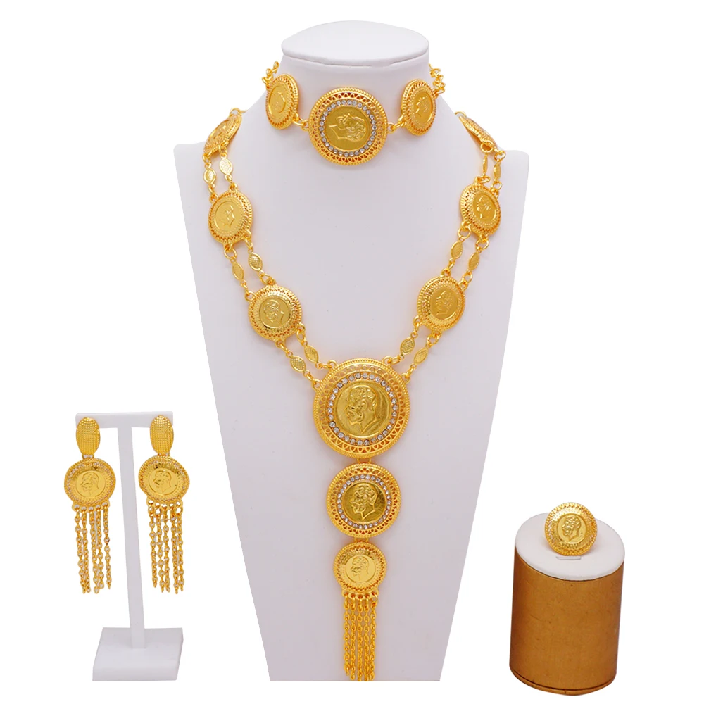 

Ethiopia 24K gold plated Jewelry Set Gold Color Drop Earring Cuff Bracelet Bangle Pendant Necklace Arab Wedding Gift