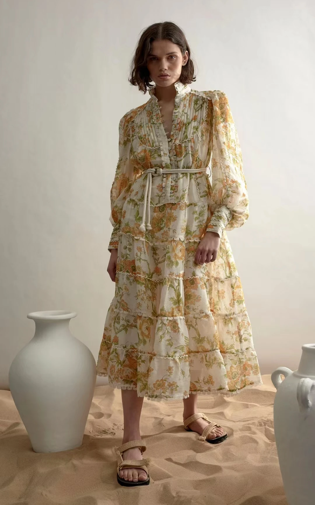 

Women Floral Print Pleated Stand Collar Lace-up Layered Scallop Trim Embroidery Linen Midi Dress