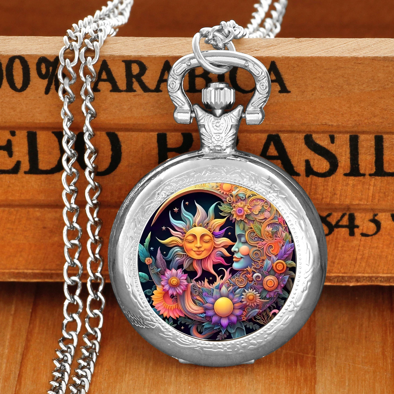 Słońce i księżyc Yin Yang Vintage kwarcowy zegarek kieszonkowy dla kobiet mężczyzn naszyjnik unikalny wisiorek zegar łańcuszek akcesoria do