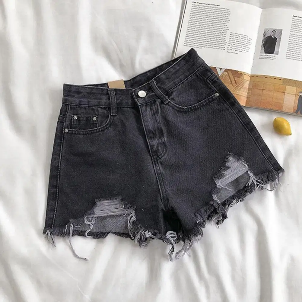 

Irregular Hem Simple Ripped Firm Stitching Lady Denim Shorts Breathable Lady Jeans High Waist Daily Clothes