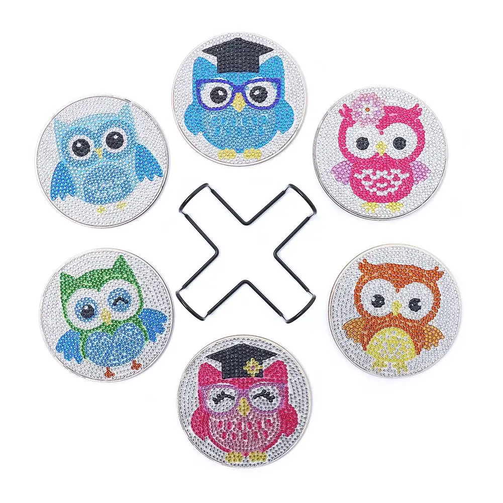 

6pcs Owl Diamond Painting Coasters Set With Holder Cup Cushion Kitchen Drinks Coaster Making Crafts For Beginners Home Ornament
