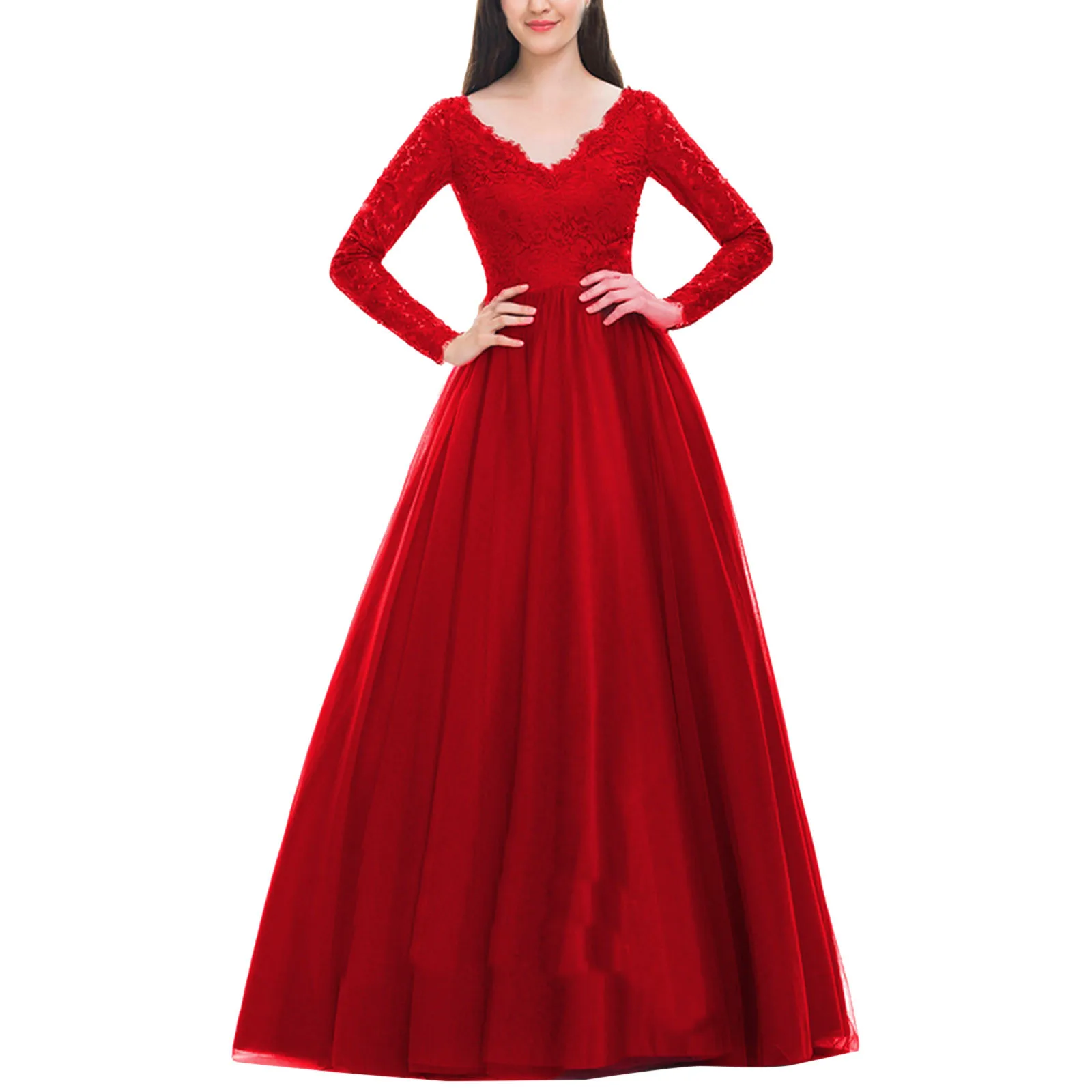 

Женские официальные платья, классическое длинное прозрачное кружевное платье-трапеция с вышивкой на рукавах и V-образным вырезом, красное винтажное элегантное платье из искусственной кожи