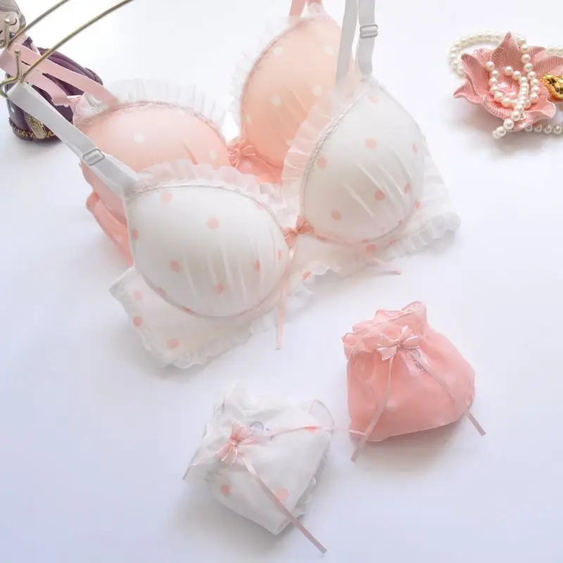 

Girls Summer Sexy Lace Bra Set White Pink Printing Thin Cup Bra Lingerie Cute Students Breathable Comfortable Ruffle Underwear