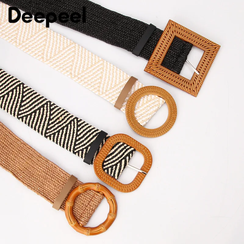 

Deepeel 5*97cm Vintage Bohemian Style Women's Wide Cotton Linen Weave Elastic Belt Wooden Buckle Waist Dress Jeans Cummerbunds