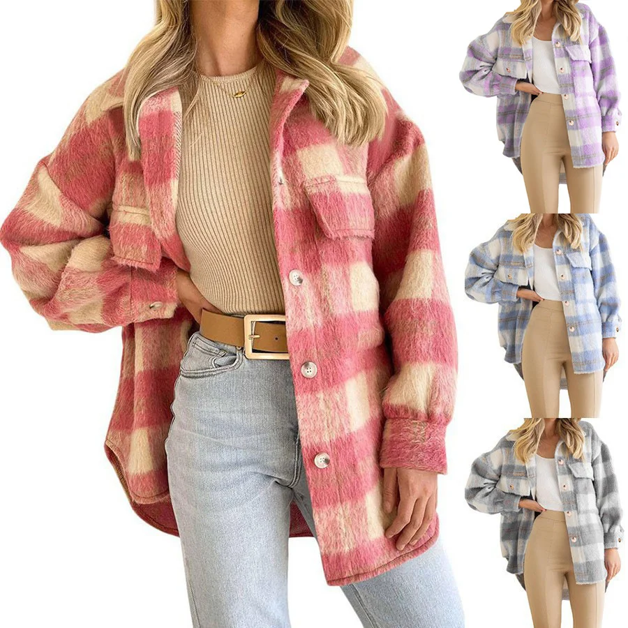 

Autumn Winter Women's Plaid Mohair Woolen Shirt Coat Elegant Blouses Women Warm Shirts And Blouses Overcoat