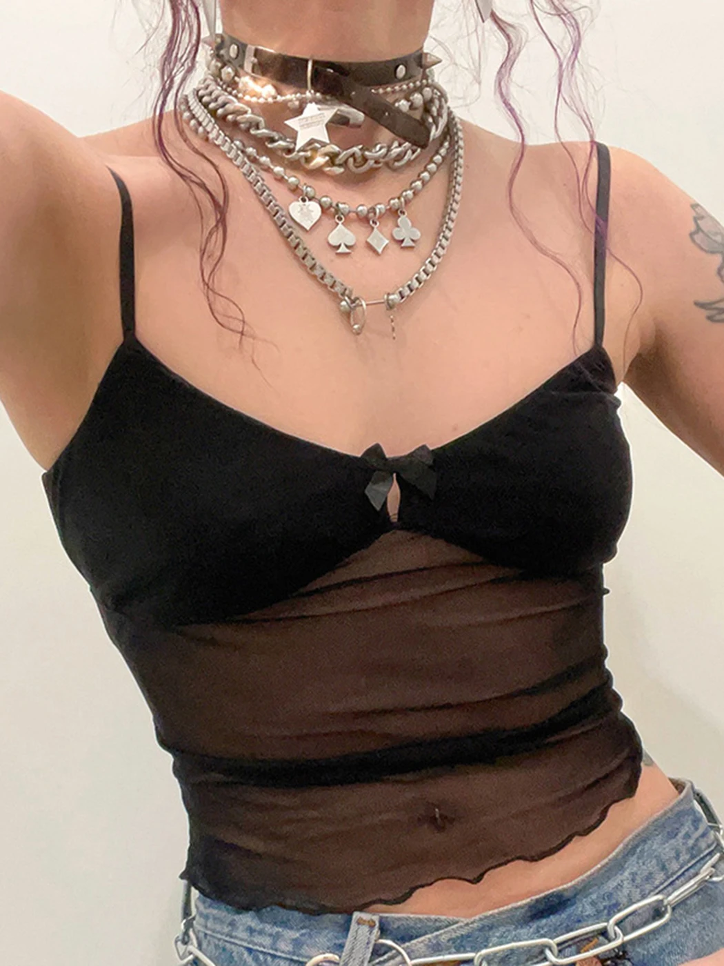 

2022 New Mesh Black Crop Top Women Bow V Neck Sleeveless Ruffle Hem Slim Camisole Streetwear Casual Sexy Pullover Tops Female