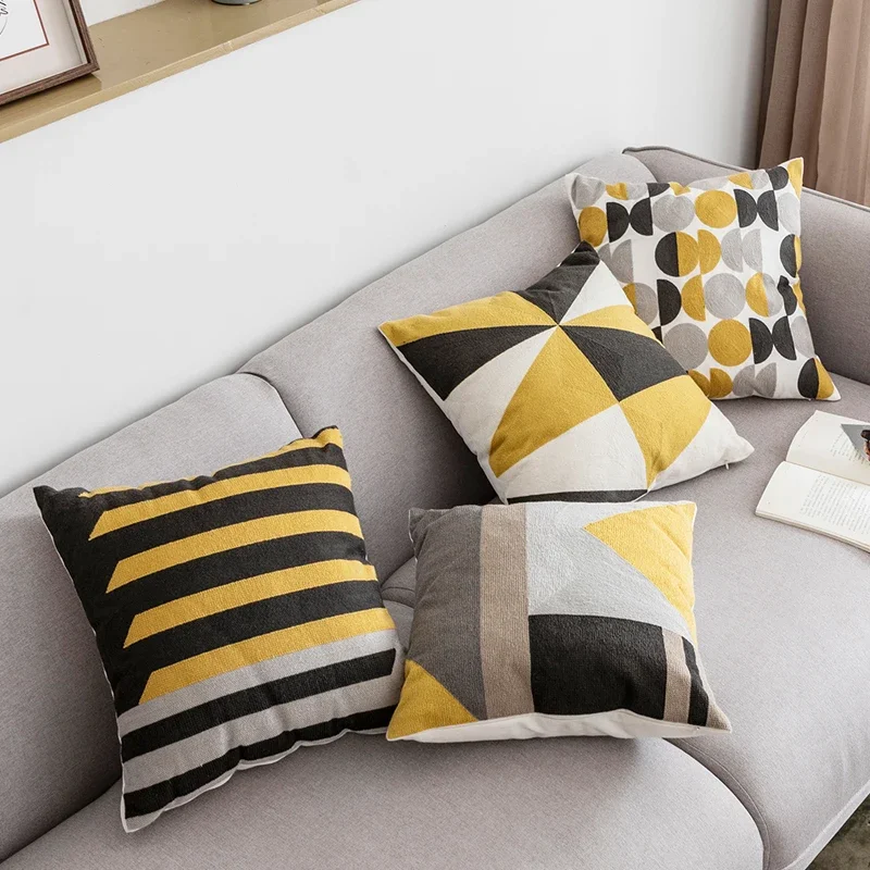 

18x18 inch Cushion Cover Yellow Grey/White Geometric Triangle Circle Cotton Square Embroidery Pillow Cover 45x45cm Home Decor