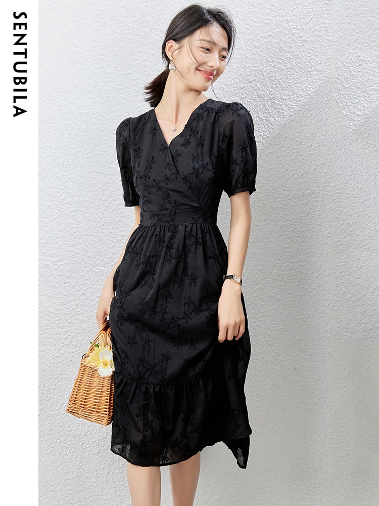 Sentubila Elegant Wrap V Neck Jacquard Chiffon Black Dresses for Women 2023 Fashion A Line Ruffle Hem Short Sleeve Summer Dress