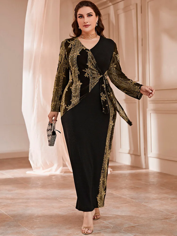 Women Plus Size Large Maxi Dresses 2023 Autumn Winter Long Sleeve Chic Elegant Muslim Turkish Party Evening Robe Clothing