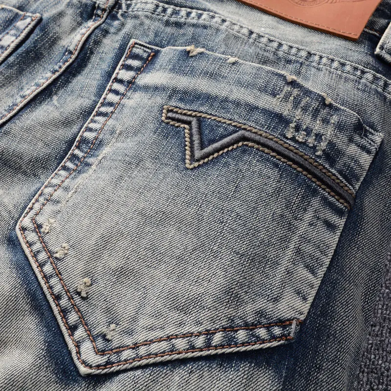 Newly Designer Fashion Men Jeans Retro Washed Slim Fit Ripped Jeans Men Distressed Patched Trousers Vintage Denim Pants Hombre