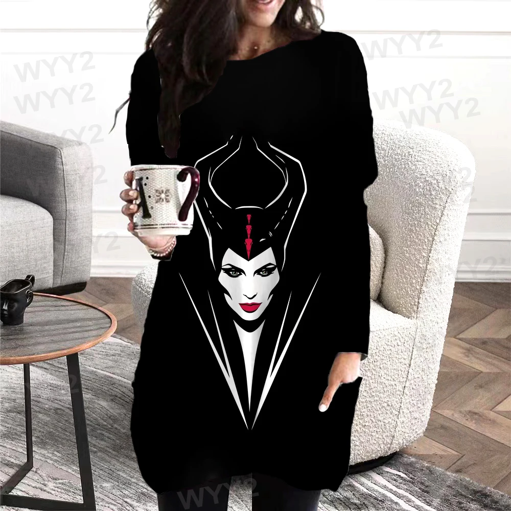 Maleficent Design Witch Print Dark Long sleMaleficent Deseved knee-length Dress Fall/Winter Loose Office Ladies Pocket Top S-6XL