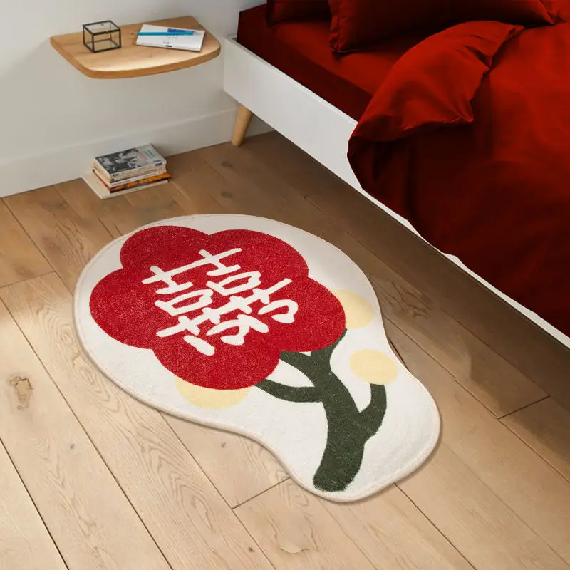 

[Wedding Carpet] Alien-shaped Bedside Blanket Small Red Flower Picks Bedroom Entrance Door Bedroom Red Hi Word Entry Door Mat