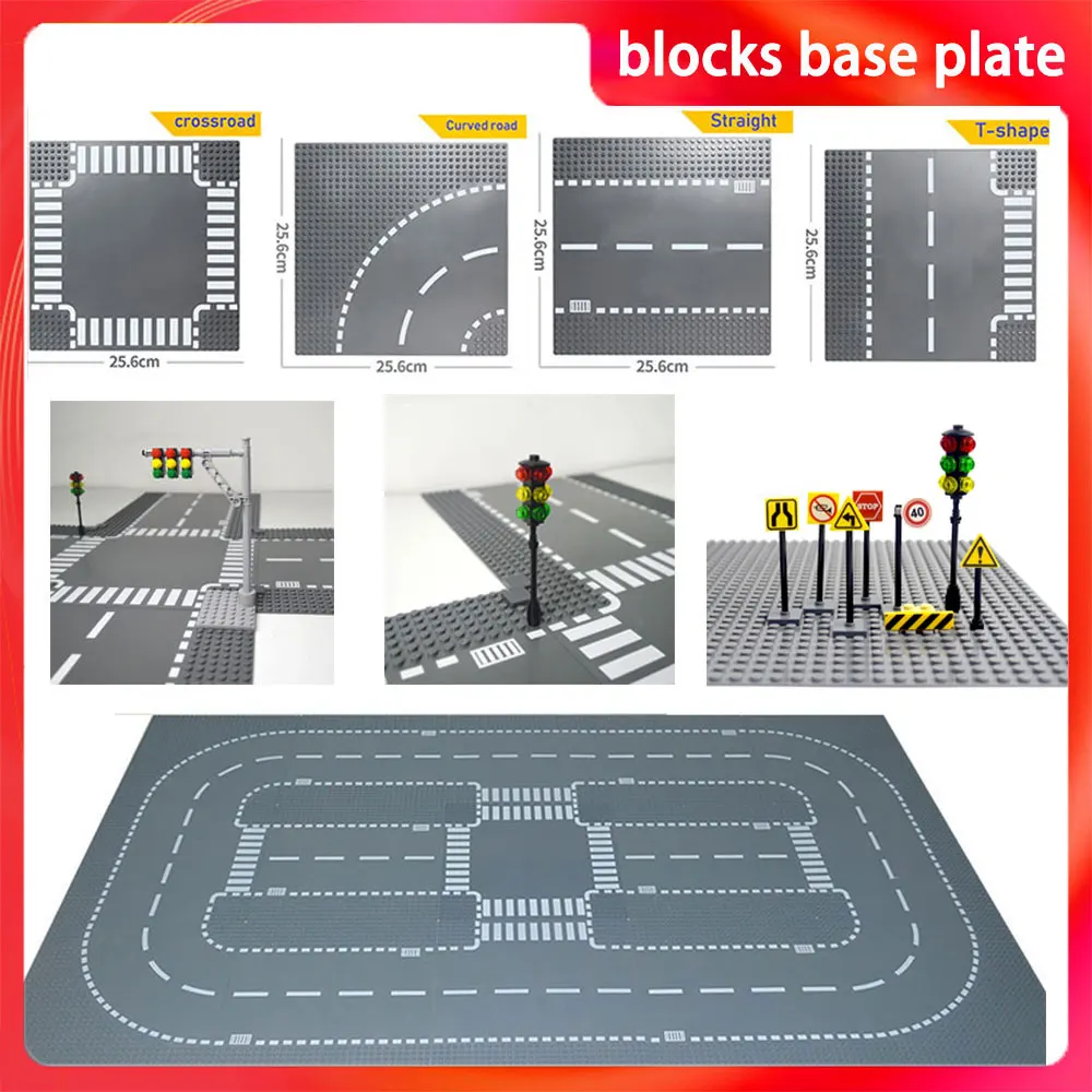 

City Road Street Baseplate Straight Crossroad Curve T-Junction Building Blocks 7280 7281 Base Plate Compatible All Brands City