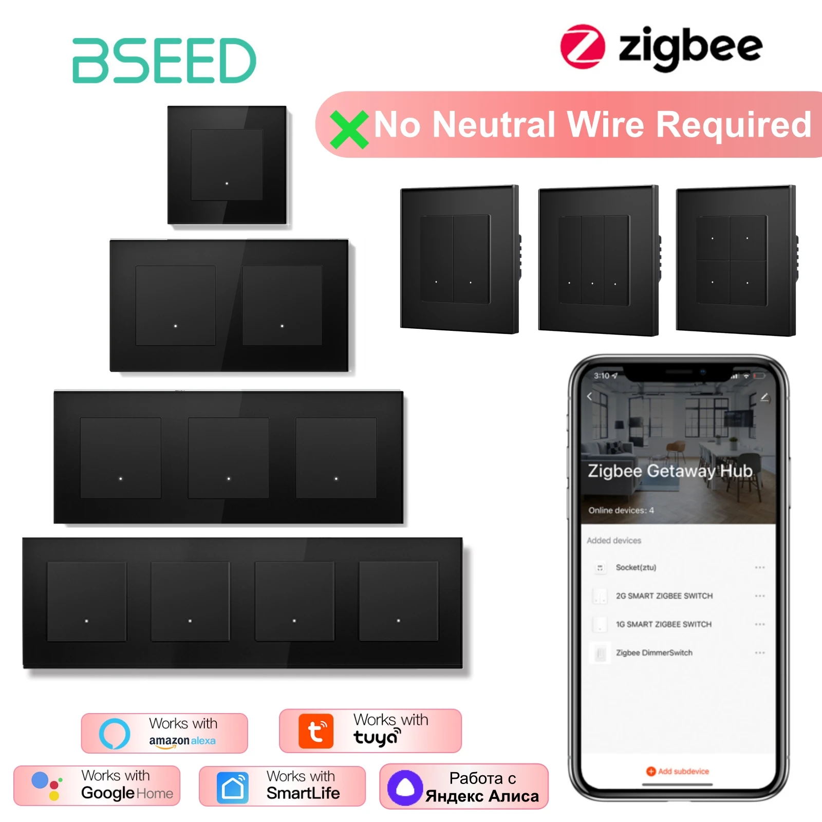 Фото BSEED ZigBee Click Switch Single Live с розетками стандарта ЕС, черные стеклянные панели, выключатели света для Tuya Smart Life, Google, Yandex APP №1